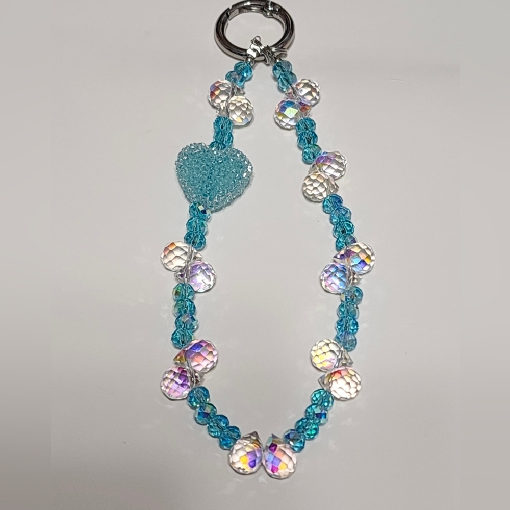 Phone Chain Blue Iridescent Beaded Heart Keychain Gift Stocking Stuffer Sparkle